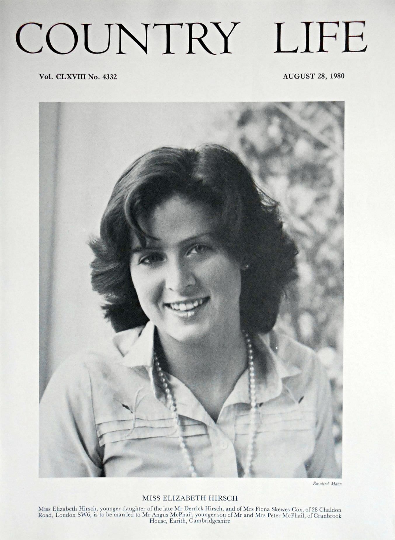 Miss Elizabeth Hirsch Country Life Magazine Portrait August 28, 1980 V ...