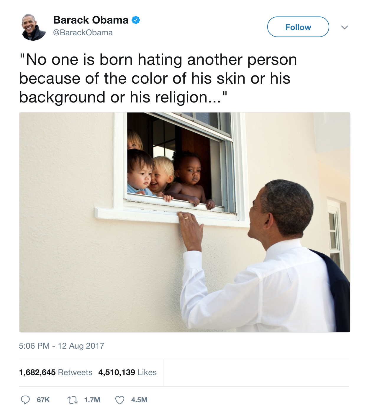 Barack Obama tweets Nelson Mandela quote No one is born hating another person based on the color of his skin or his background or religion