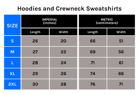 Tee Tweets sizing guide for hoodies and crewneck sweaters