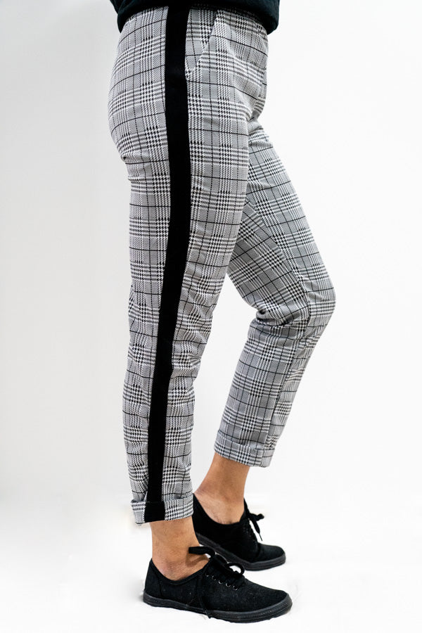 plaid pants with stripe down side