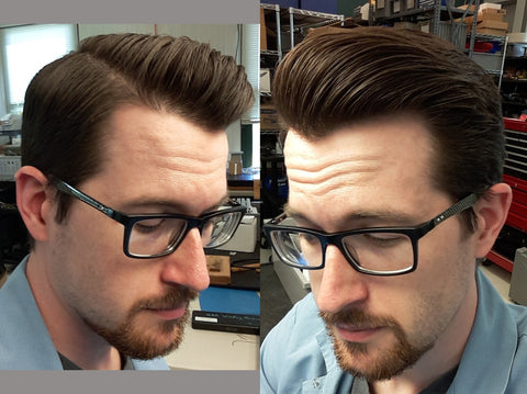 Man with glasses showing his hairstyle using shear revival matte paste. 