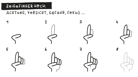 Erhobener Zeigefinger zeichnen Schritt für Schritt. Symbol für Achtung, Vorsicht, Gefahr, Fokus Icon Zeichenanleitung