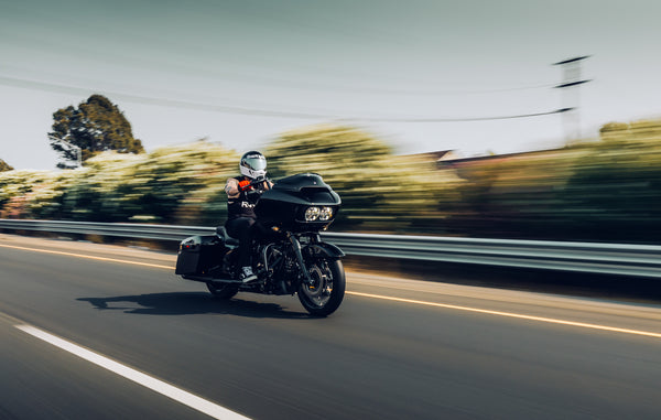 Bagger Motorcycle driving down highway