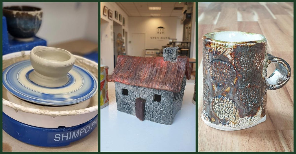 3 images - potters' wheel, clay cottage, handbuilt mug