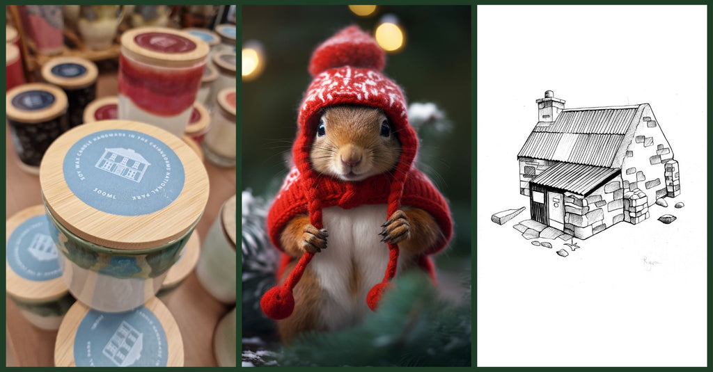 Three images showing gifts for sale at the Spey Bank Studio in the Cairngorms. Scented candle pots, a red squirrel in a woolly hat and a black and white pen drawing of a Scottish bothy