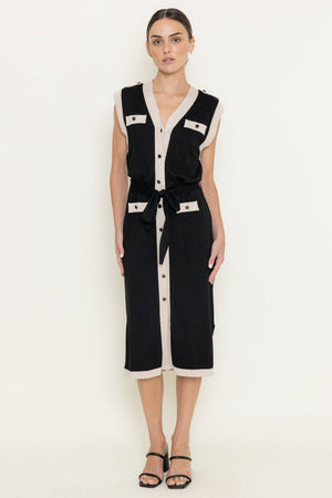 CONTRAST TRIM BUTTON-DOWN S/L SWEATER DRESS-DI8196FO: Black / Contemporary / L - York Laine