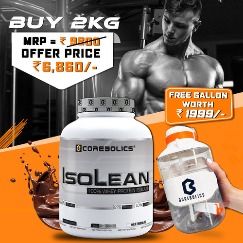 Corebolics Isolean -100% Whey Protein Isolate (2 kg, 63 Servings) + Gallon of 2.2 Litre FREE