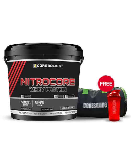 Corebolics Nitrocore Whey Protein (4 kg, 95 Servings) + FREE GYM BAG and T-SHIRT
