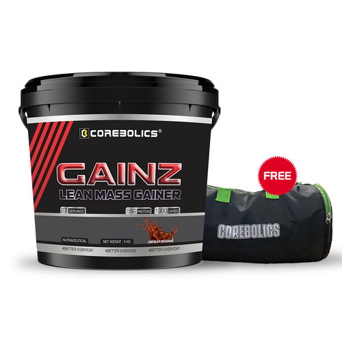 Corebolics Gainz -Lean Mass Gainer (5 kg, 27 Servings)  + FREE GYM BAG