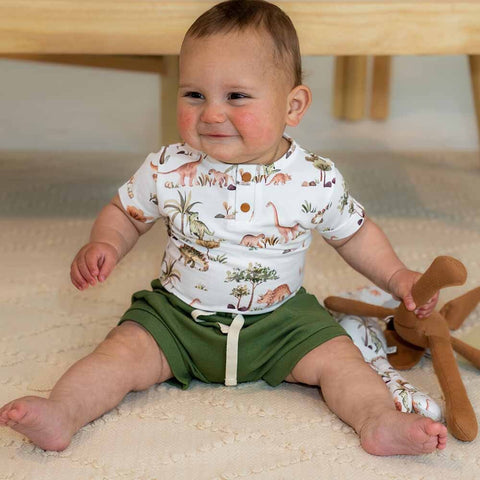 Snuggle Hunny Dino Bodysuit and Olive Shorts