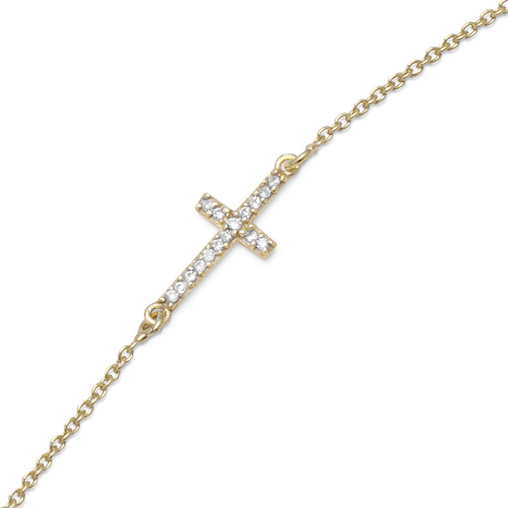 CZ Sideways Cross 14K Gold Plated Bracelet - High End Boutique