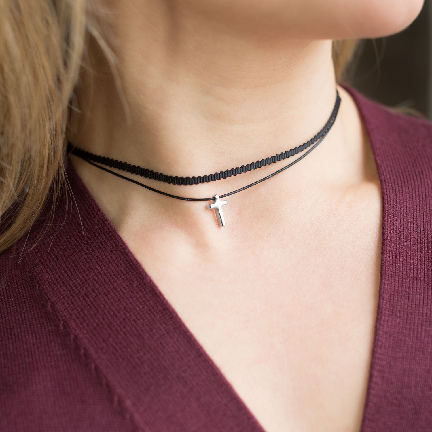Double Strand Fashion Choker w/Cross Slide - High End Boutique - Cross Chokers