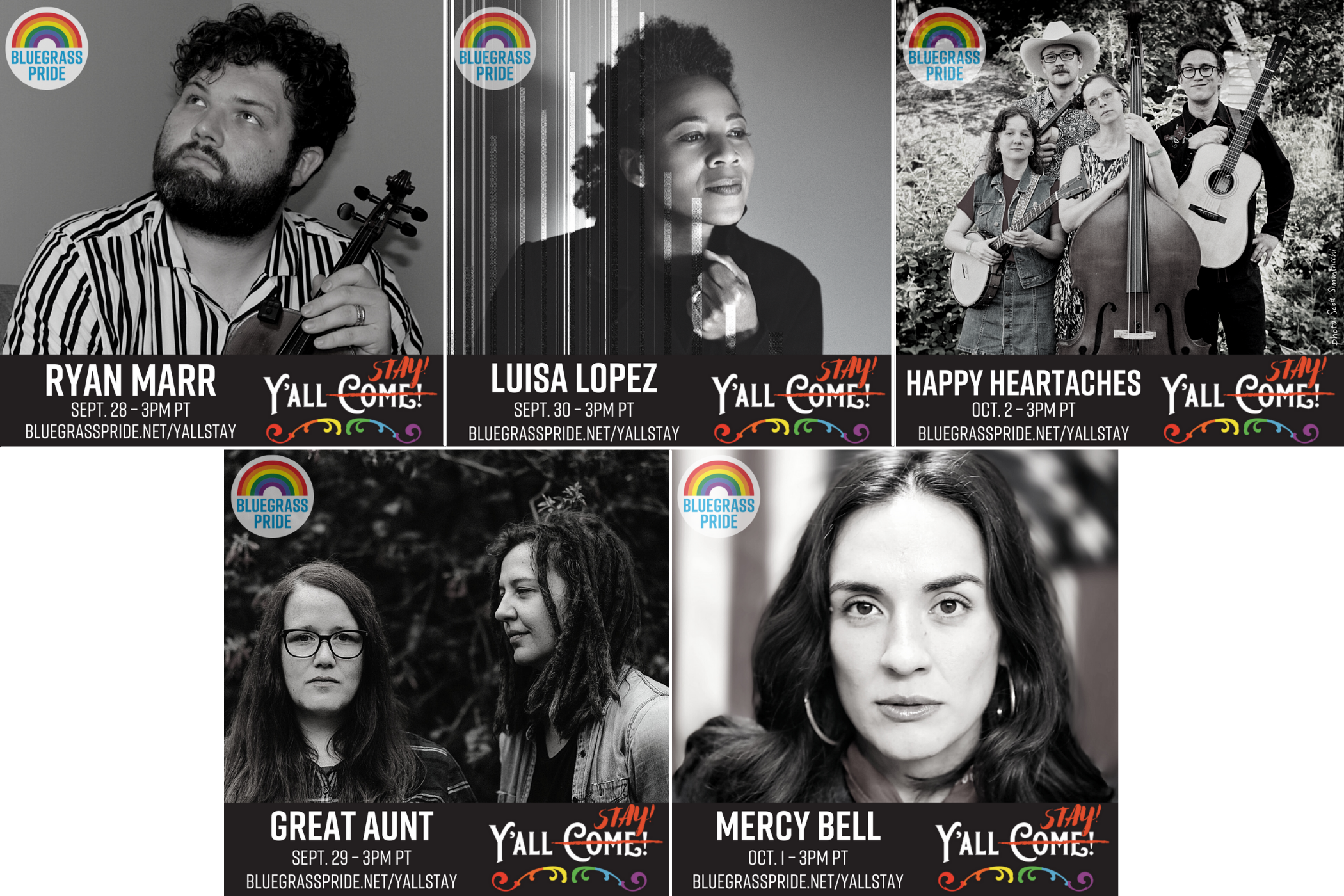 Composite image of all the Y'all Stay! 2020 LGBTQ+ Musician Showcase artists.