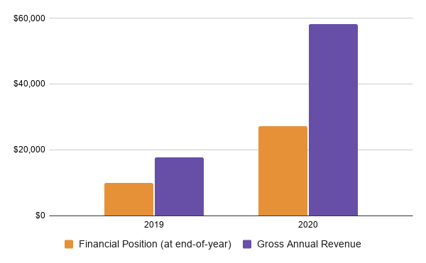 A chart showing the comparative financial standing of Bluegrass Pride from 2019 to 2020. Bluegrass Pride has a financial position of $9,976 on December 31, 2019 and a gross revenue of $17,679 in 2019. By comparison, Bluegrass Pride had a financial position of $27,228 on December 31, 2020 and a gross annual revenue of $58,220.