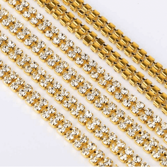 Sundaylace Creations & Bling SS6 Metal Rhinestone Chain Ss6 TWO ROW CLEAR in GOLD Metal Rhinestone Chain *NEW*