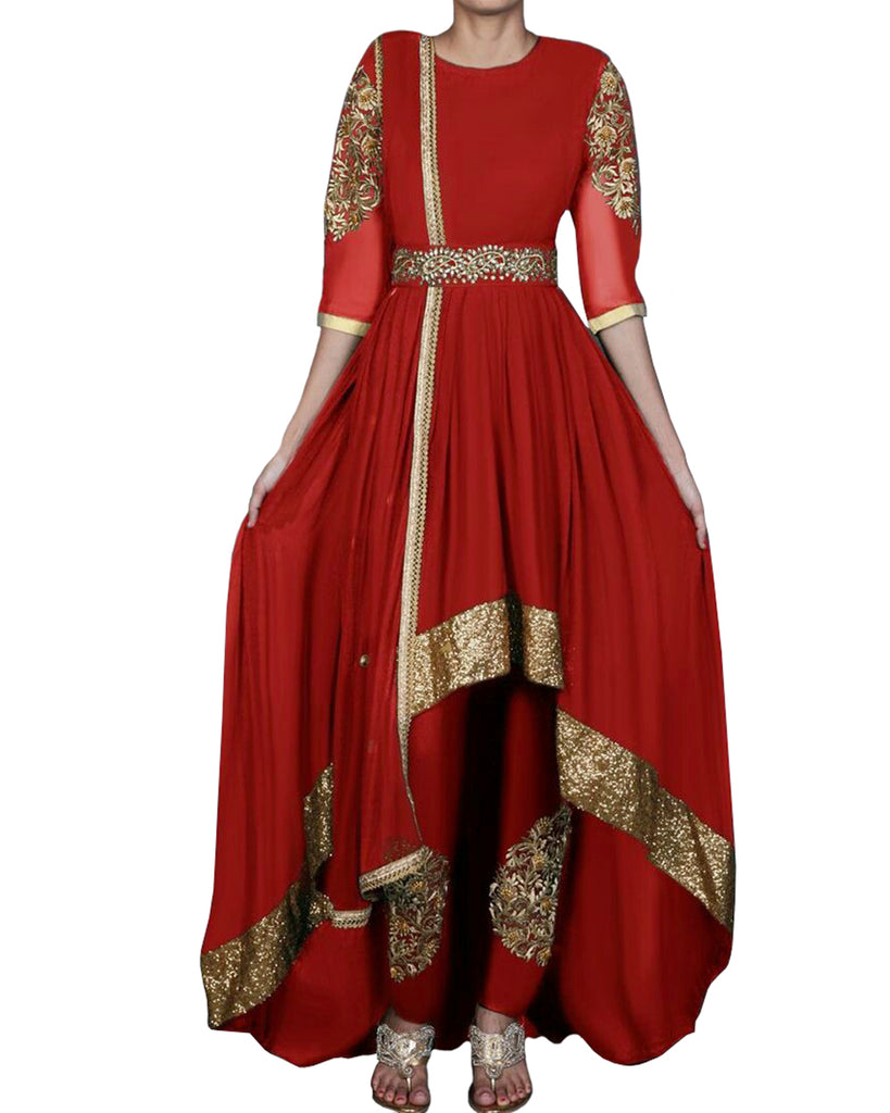 red and gold anarkali