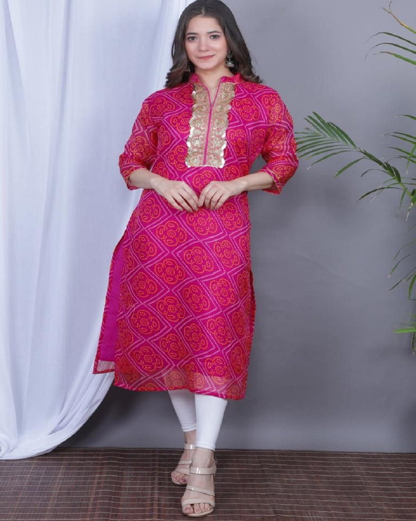 Beautiful Pink Color Traditional Bandhej Print Kota Doriya Kurti with ...