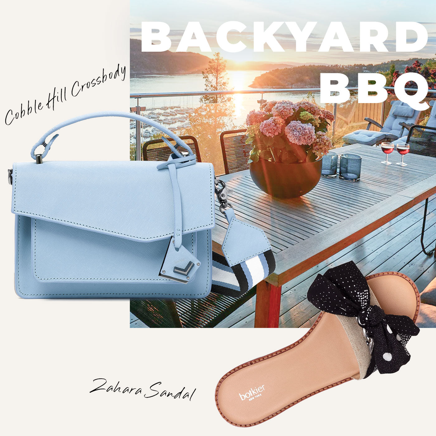 cobble hill crossbody in light blue paired with our bow adorned slides.