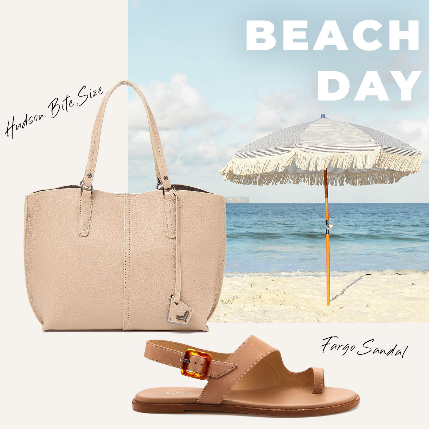 Hudson bite size tote in tan paired with our tan colored Fargo sandals