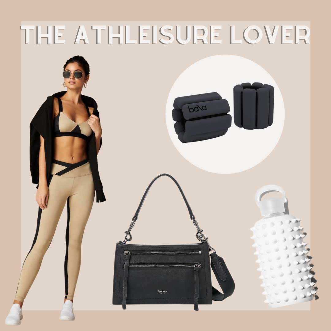 the Chelsea crossbody paired with a workout set in tan and black, and Bala wrist weights