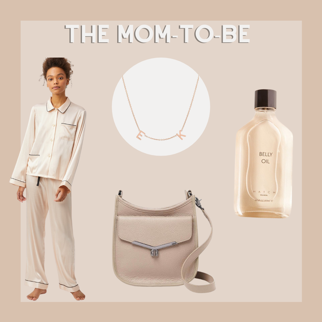 the Valentina small hobo in tan paired with Morgan lane's luxe silky line of PJ's in tan, as well as BYCHARI initial necklace