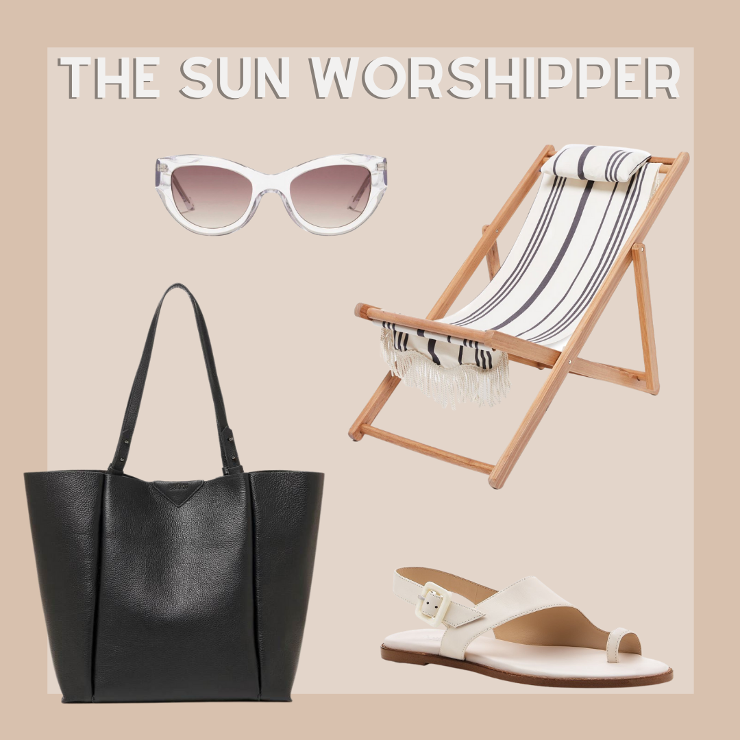 Black allen tote paired with a black and white striped beach chair, white sandals, paired with white sunglasses