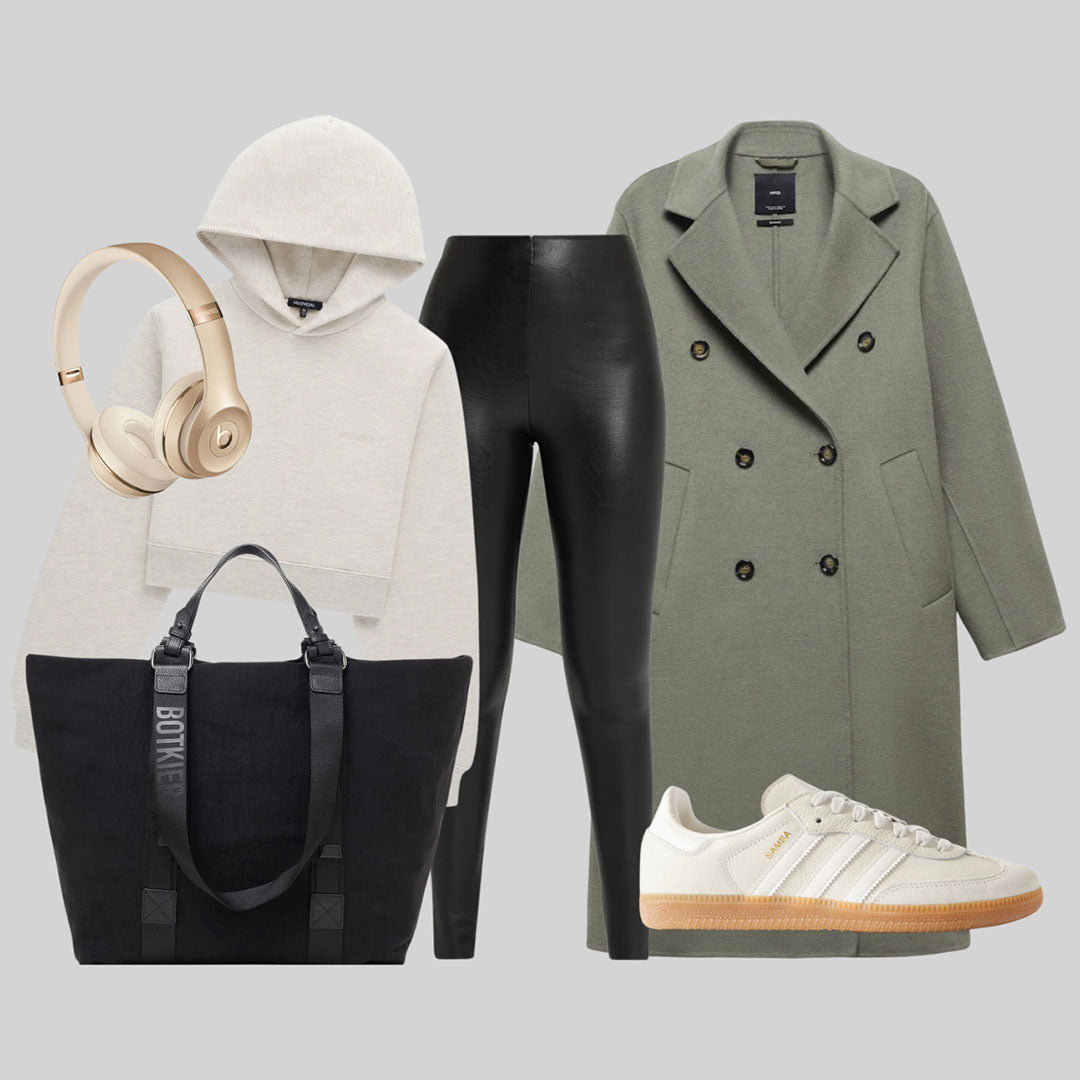 holiday gift guide collage featuring travel friendly outfits and the botkier cali large tote in black