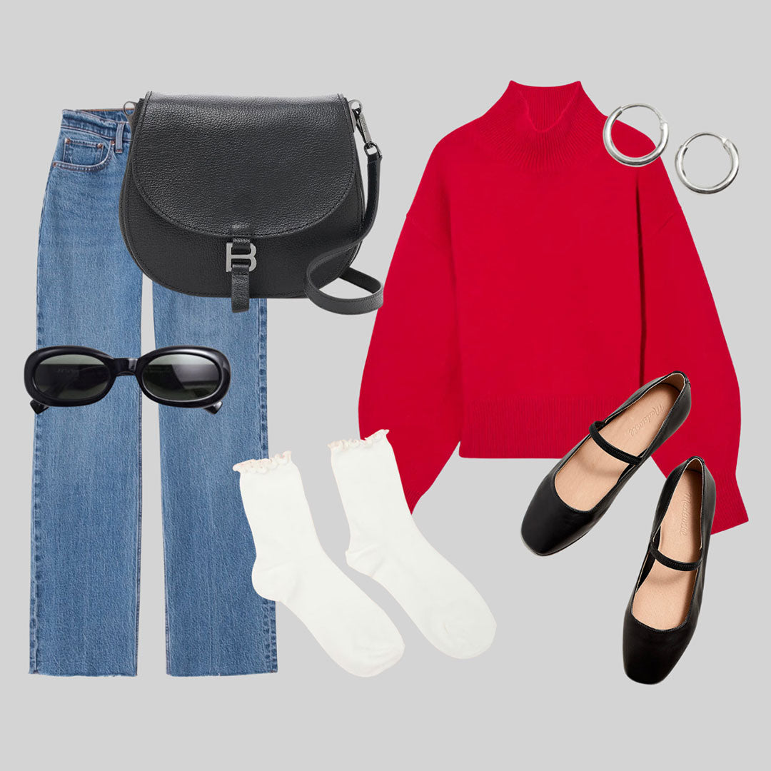 holiday gift guide collage featuring trendy outfits and the Botkier baxter saddle crossbody in black