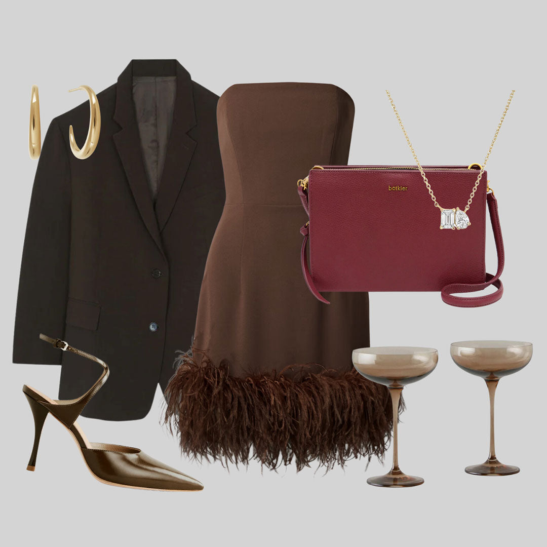 holiday gift guide collage featuring party outfits and the Botkier clarice crossbody in port