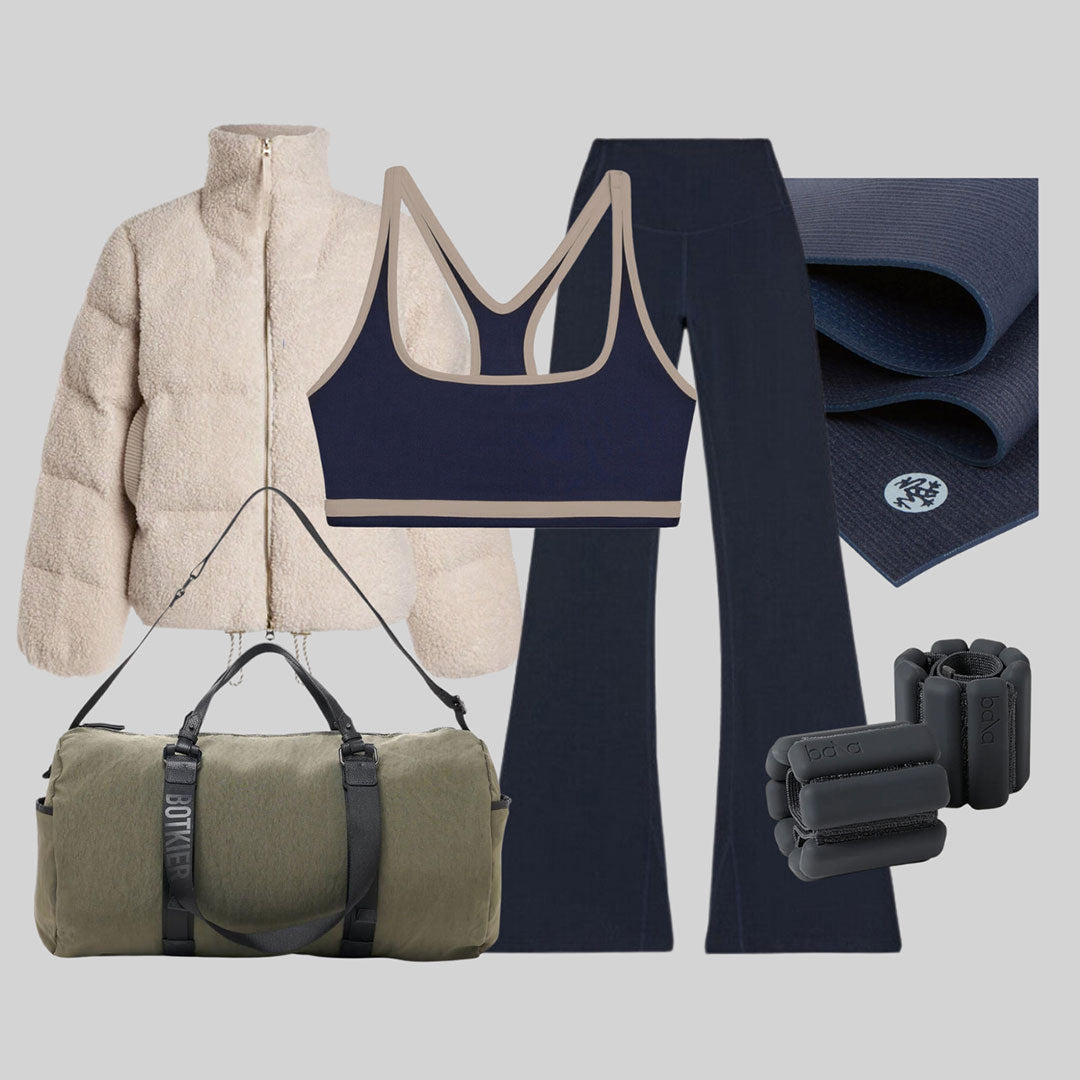 holiday gift guide collage featuring various workout outfits and the cali weekender tote in army green