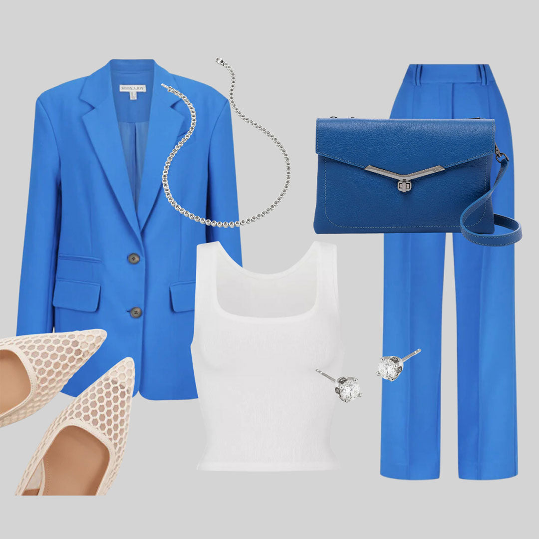 holiday gift guide collage featuring vibrant blue jumpsuit and Botkier valentina flat crossbody in sapphire