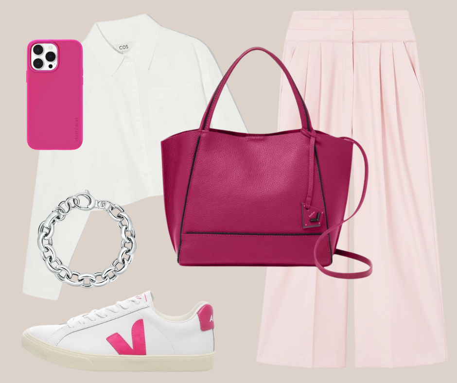 Botkier qvc exclusive soho satchel in passion pink paired with light pink skirt white blouse and sneakers