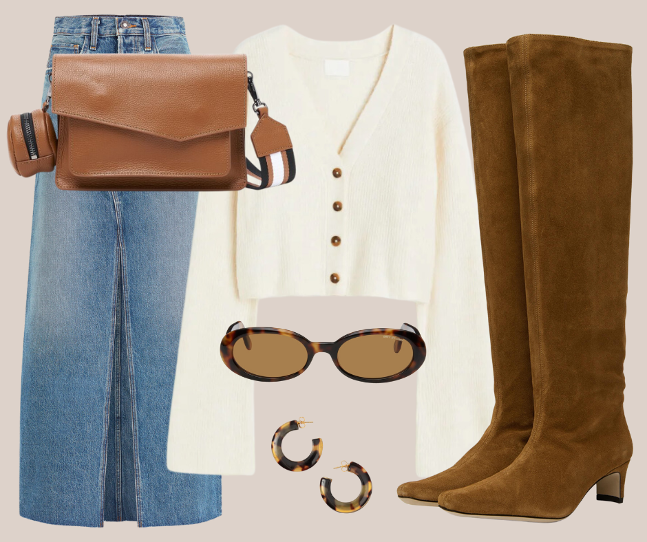 Botkier qvc exclusive cobble hill crossbody in caramel paired with long denim skirt white cardigan and brown tall boots