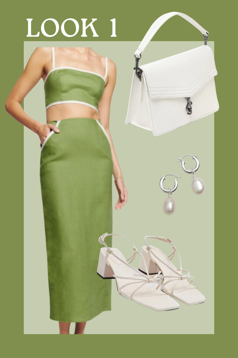 woman wearing green top and skirt, white handbag, pearl earrings, white sandals