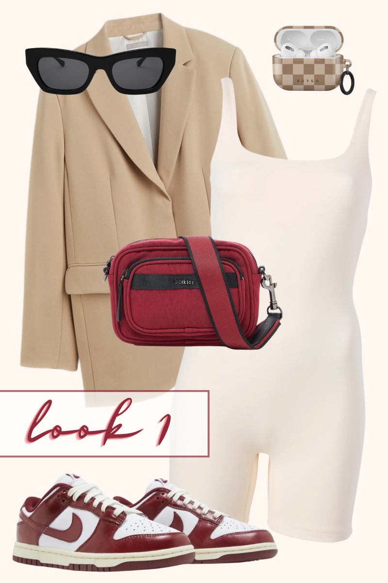 back to school look 1 featuring the cooper nylon crossbody in malbec, white jumpsuit, tan blazer, red sneakers and sunglasses