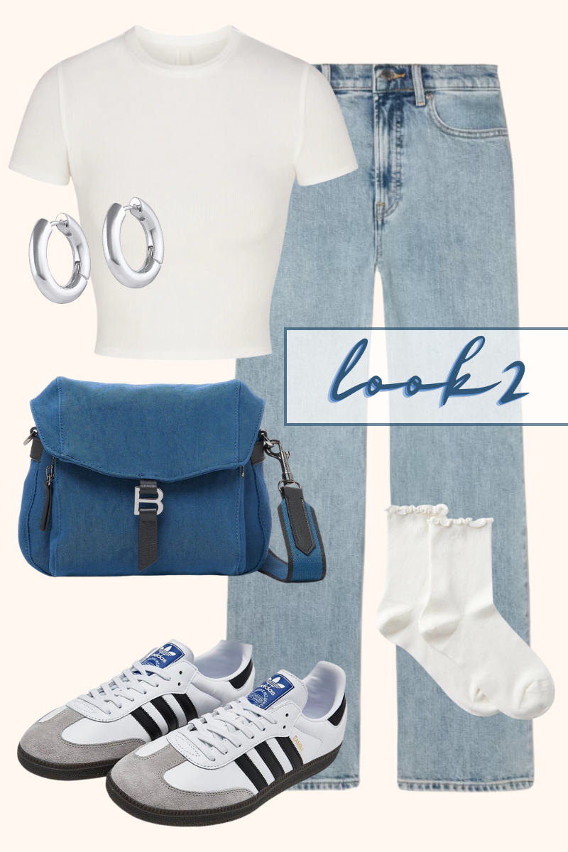 back to school look 2 featuring the baxter nylon crossbody in teal, white tshirt, jeans and sneakers