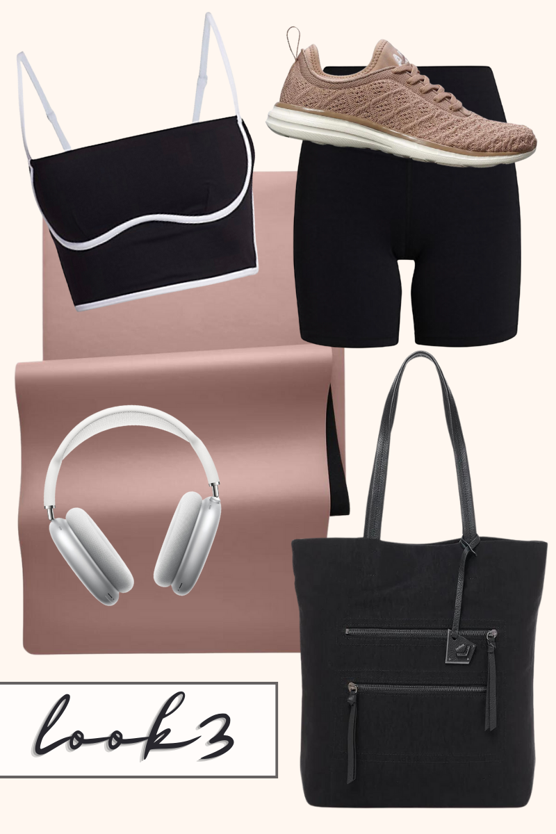 back to school look 3 featuring the chelsea nylon tote in black, black workout outfit, sneakers and headphones