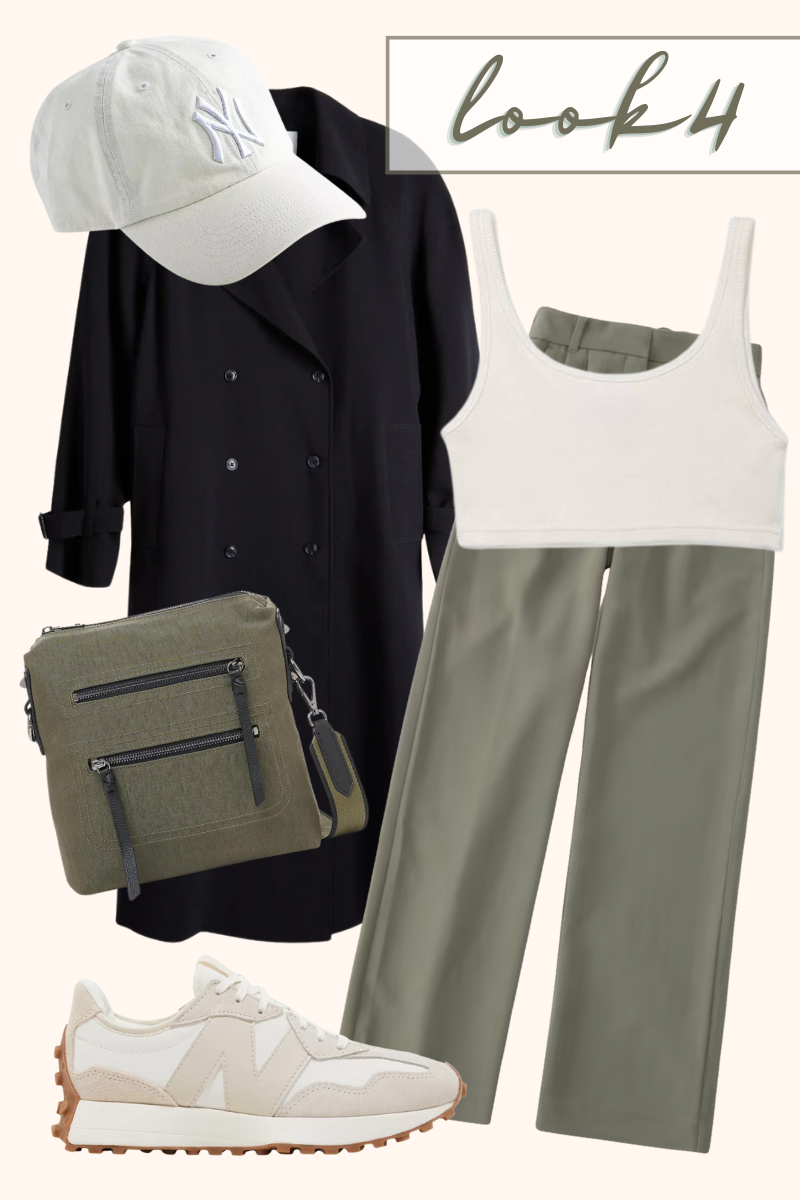back to school look 4 featuring the chelsea nylon crossbody in army green, slacks, tank top, black jacket, hat and sneakers
