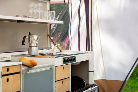 Outdoor kitchen with oven and french bread