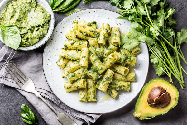 Plate of avocado pesto pasta