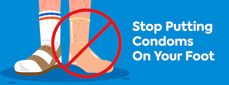 A condom on a foot. myONE Condoms wants to stop this activity, and focus on body positive images instead. 
