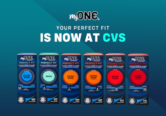 Text that says YOUR PERFECT FIT IS NOW AT CVS. Six photos of MyONE packaging with words SNUG, SUPER SNUG, WIDE and SUPER WIDE.