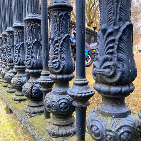 Rows of Heavy Cast Iron Decorative Columns Encircling the British Museum, Bloomsbury, London (LEO Design)