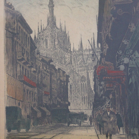 Colored Etching of the Corso Vittorio Emanuelle in Milano by Bela Sziklay (LEO Design)