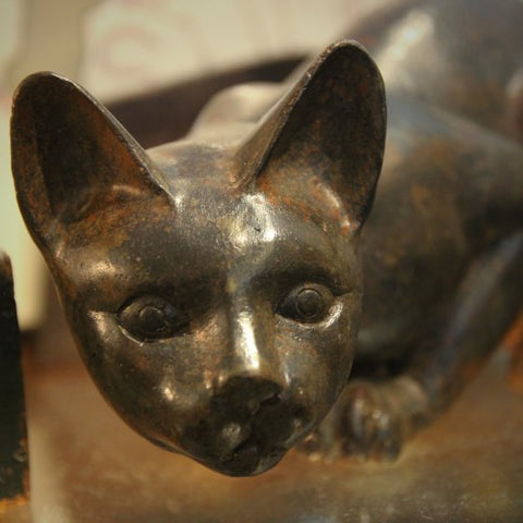 Cast Brass Crouching Feline with Verdigris Bronze Patina (LEO Design)