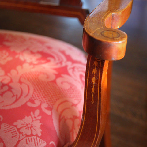 Edwardian English Beautifully Inlaid Armchair with Rose Damask Upholstery (LEO Design)
