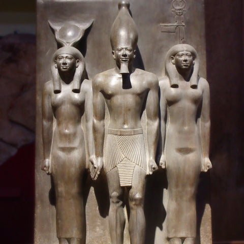 Basalt Triad Sculpture of King Menkaure and the Goddesses Hathor and Bat of Grey-Green Schist (LEO Design)