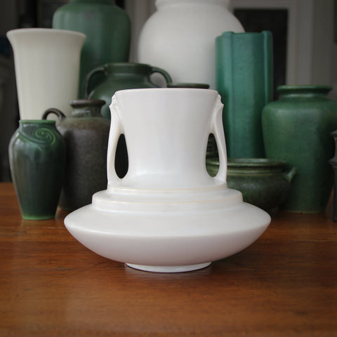 Roseville Satin White "Flying Saucer" Two-Handled Vase (LEO Design)