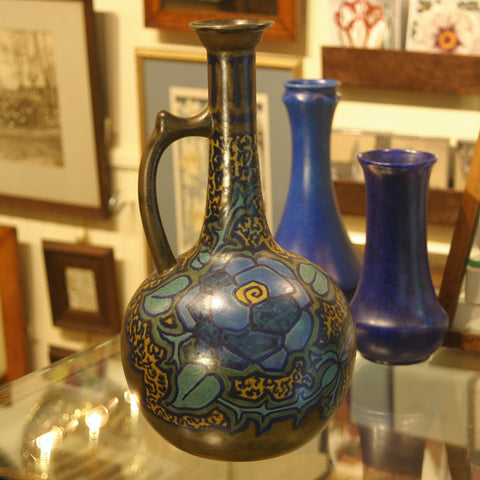 Gouda Dutch Art Nouveau Long-Necked Pitcher with Hand-Painted Floral Decoration in Cobalt, Aqua, Royal Blue, Mustard and Olive Glazes (LEO Design)