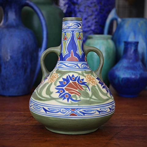 James Plant English Aesthetic Movement Two-Handled Genie Vase with Hand-Painted "Persian" Floral Decoration (LEO Design)
